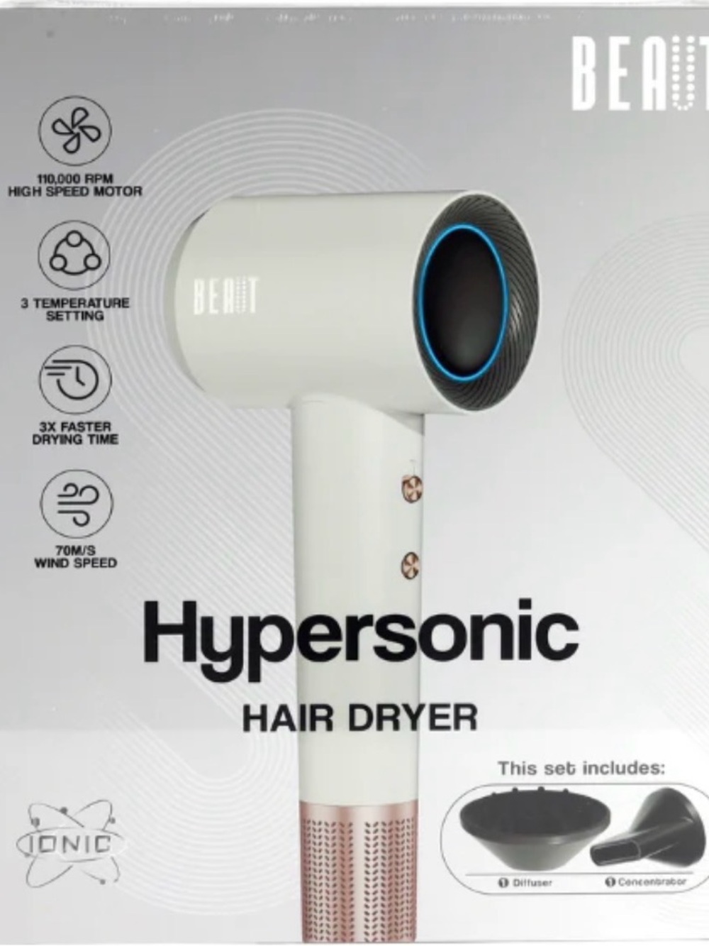 Beaut Hypersonic Hair Dryer - White with Rose Gold Accents